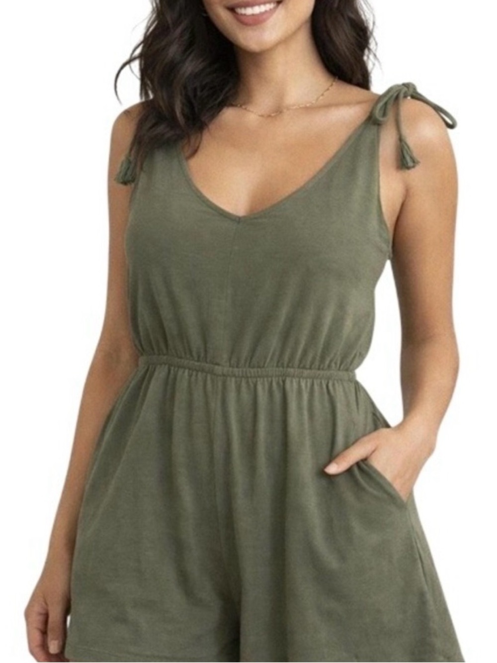 Aerie Olive Green Tie Shoulder Romper Cotton Blend Sleeveless Jumpsuit Pockets S